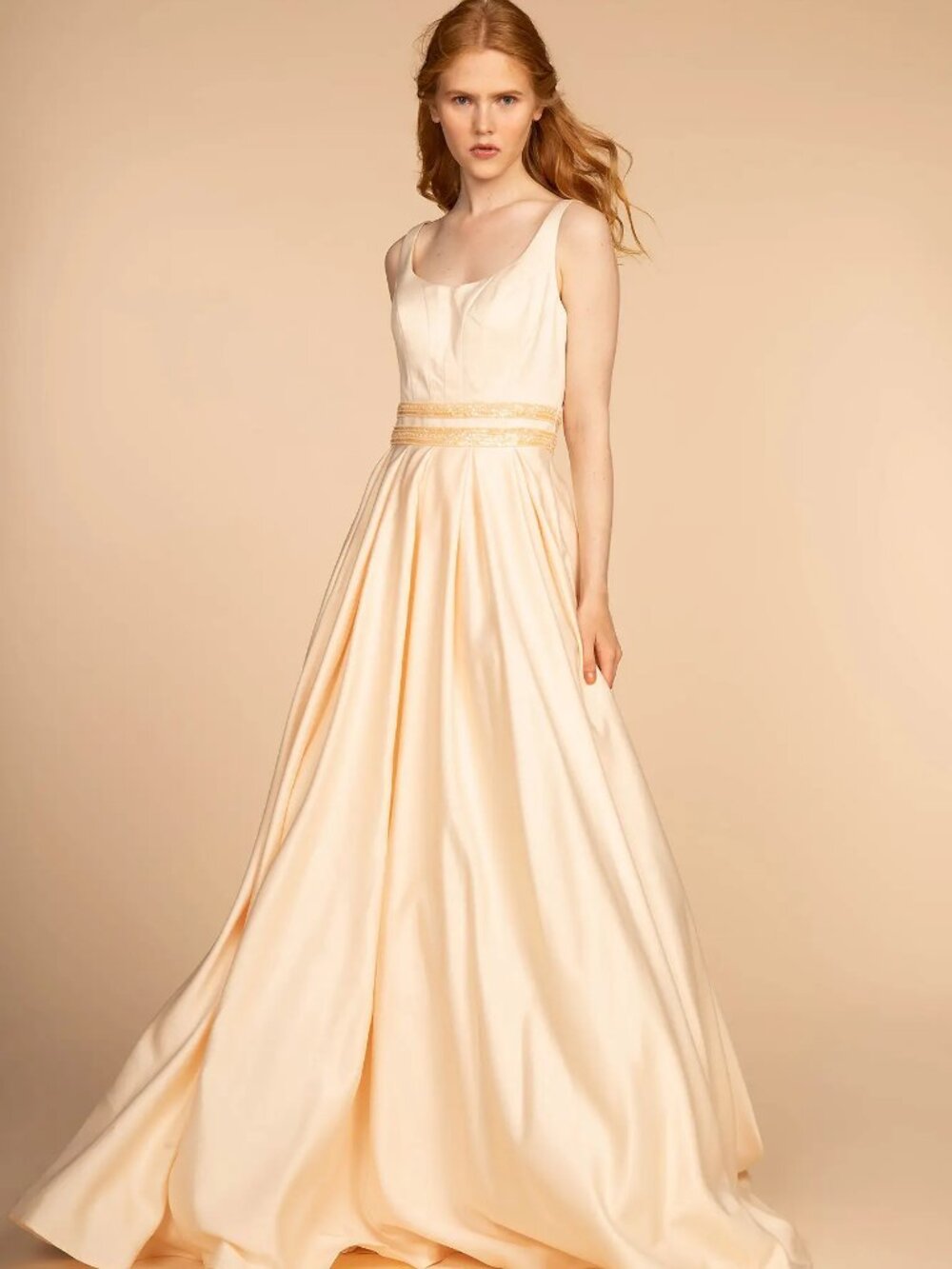 NEW CHAMPAGNE Satin Scoop Neck Prom Gown Embellished Formal GL2531